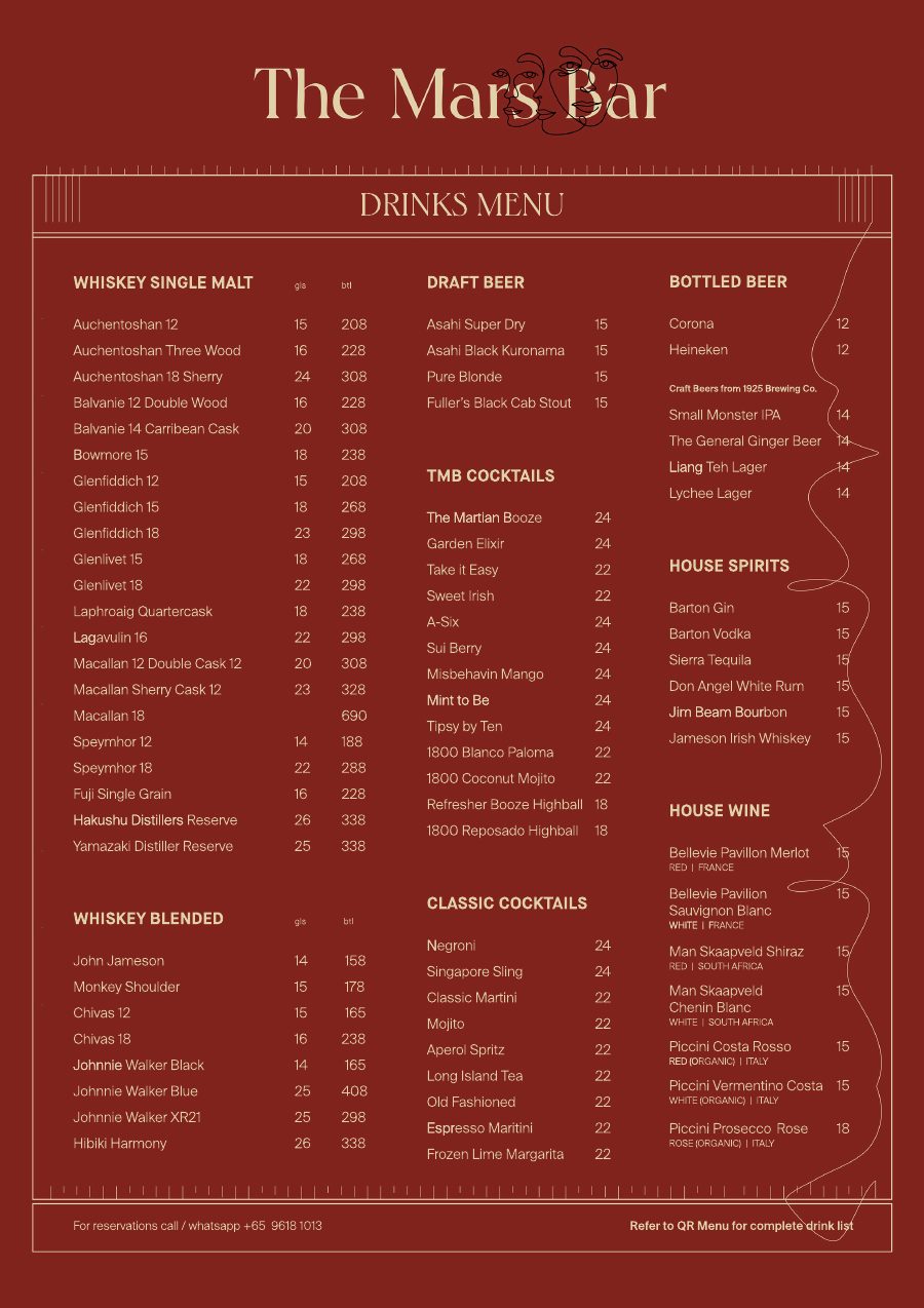 The Mars Bar drinks menu preview